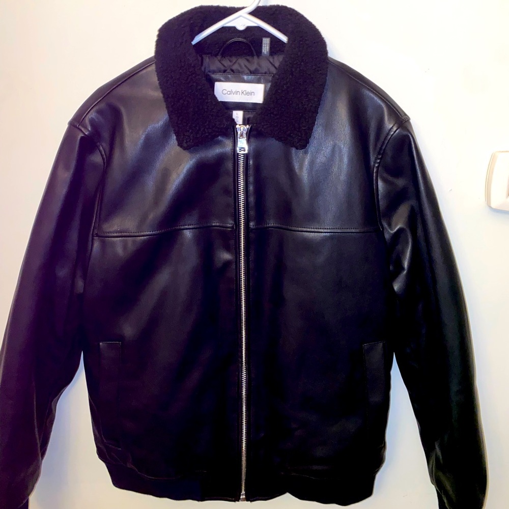 Heavy Black Calvin Klein Leather Bomber Jacket
